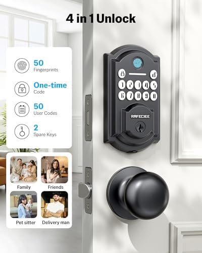 Keyless Entry Door Lock Deadbolt with Handle Set, Front Door Lock Set Keyless Entry, Digital Door Lock with Keypad Set & Fingerprint, Matte Black – Keypad Deadbolt and Door Knob Set