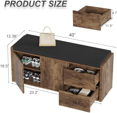 LVB Entryway Shoe Bench, Rustic Storage Bench with Cushioned Seating