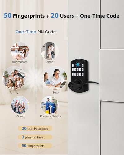 Hidalife Fingerprint Keypad Door Lock with Handle, Keyless Entry Door Lock for Front Door, Easy Passage Mode, Electronic Door Lock with Code, Matte Black