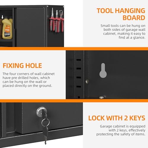 Garage Wall Cabinet with 2 Doors, Metal Wall Cabinet with Lock