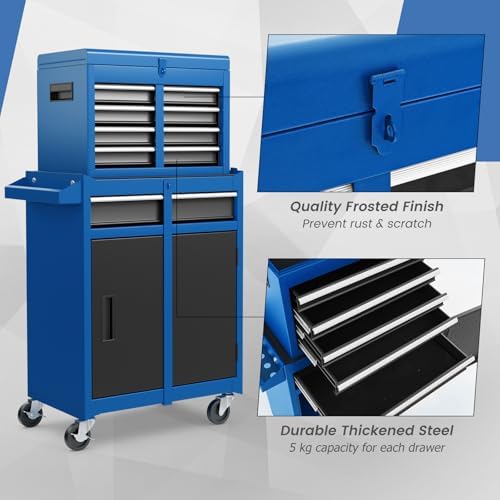 TANGZON Rolling Tool Chest, 2-in-1 Large Capacity Tool Cabinet with Wheels, 5 Drawers & Auto-Locking System, Heavy-Duty Metal Toolbox for Workshop, Warehouse, Garage (Black + Blue)