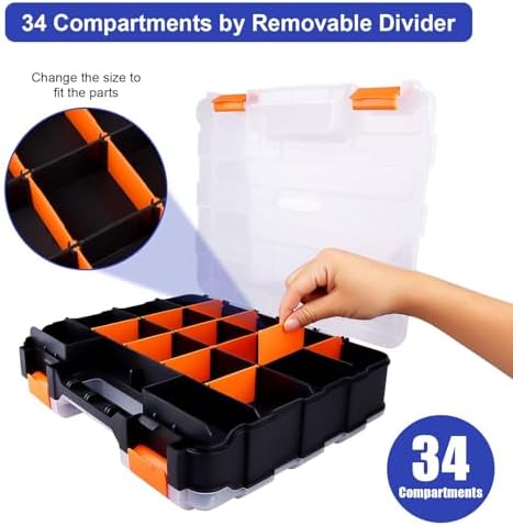 Small Parts Organizer Double Sided Parts Organizer with Removable Dividers 34-Compartments Storage Bins for Hardware, Screws, Nuts, Bolts, Washers, Nails, Fasteners, Tools