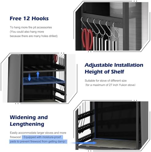 Storage Station for Solo Stove Bonfire, Yukon, Ranger, Firewood Rack Outdoor with Cover, Storage Rack for Fire Pit Accessories, with Waterproof Cover, Adjustable Shelf, Iron Black