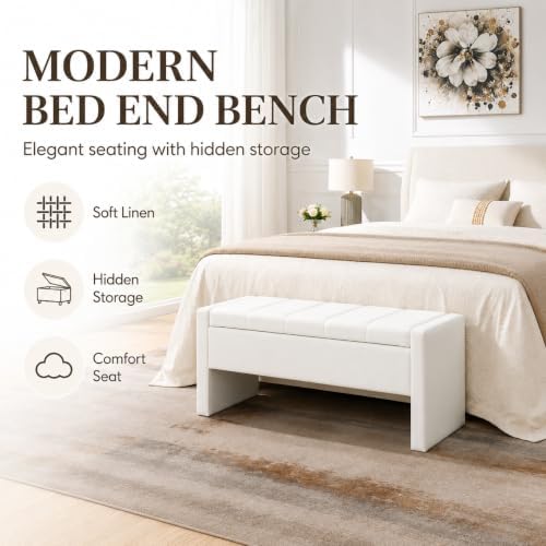 47.25 Inch Storage Ottoman Bench, Linen Upholstered, White
