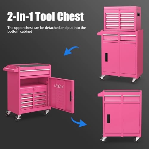 Rolling Tool Chest, 5-Drawer Tool Storage Cabinet with Wheels, Adjustable Shelf & Anti-Slip Liner, Tool Box Organizer for Garage, Warehouse & Workshop (Pink)