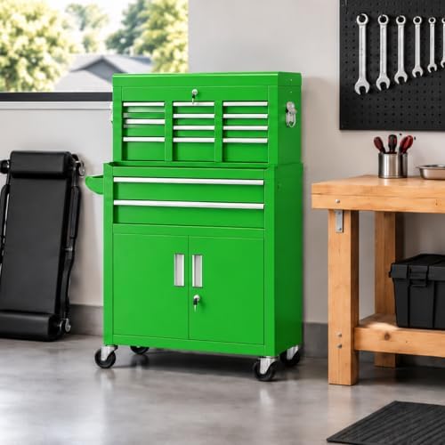 Bonusall 8 Drawer Rolling Tool Chest and Cabinet Combo,Heavy-Duty Metal Garage Tool Chest with Wheels and 2 Doors,2-in-1 Top Box and Roller Cabinet Combo for Garage, Workshop, Warehouse-Green