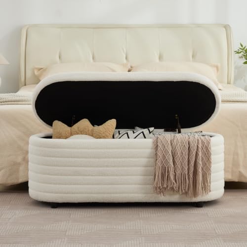 45.5" Modern Storage Ottoman Bench, White Sherpa
