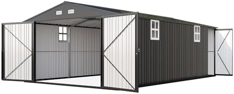 AMERLIFE 10x21x7.3 FT Metal Garage Shed with Double Hinged Doors, 4 Windows