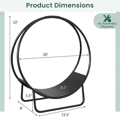 HAPPYGRILL 20” Firewood Log Hoop, Heavy Duty Metal Firewood Rack w/U-shaped Stand, Indoor Outdoor Round Wood Storage Holder for Fireplace, Patio, Deck, Backyard, Black Powder Coated, No Assembly