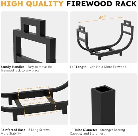 34 Inch Firewood Rack Outdoor Indoor with Handle and Log Carrier Bag, Stable Metal Wood Rack Heavy Duty Log Holder for Fireplace Patio Deck, Rustproof Firewood Storage Organizer Tool, Black