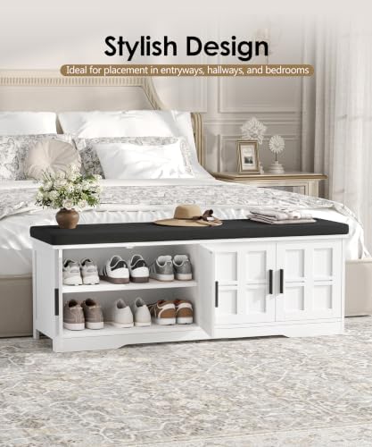 Akxomel 47.2" Shoe Storage Bench 4 Doors Wooden Entryway Bench White