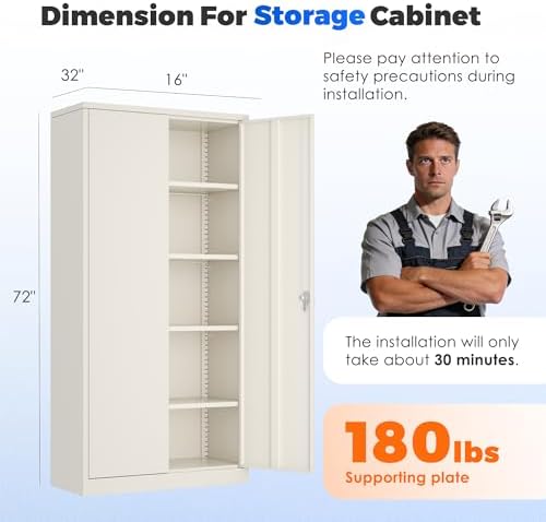 INTERGREAT Metal Garage Storage Cabinet with Lock, 72" Storage Cabinet with Locking Doors and 4 Adjustable Shelves, Lockable Steel Tool Cabinet for Home Office, School, Cream Grey