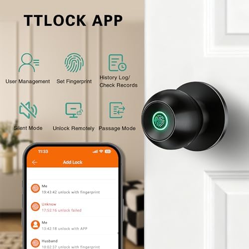 Smart Door Knob, Fingerprint Door Knob, Biometric Smart Door Lock with App Control, Metal Alloy Door Knobs, Easy Installation, Great for Bedrooms, Cloakroom, Apartments Offices, Hotel(Black)