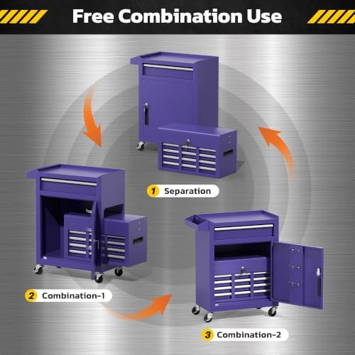 Greenvelly Tool Chest, 5-Drawer Rolling Tool Chest with Hooks and Lockable Wheels,Metal Storage Detachable Top Tool Box with Lockable Wheels for Garage,Workshop,Art Studio(Purple)