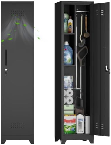 Utility Closet for Cleaning Supplies, Black Metal Storage Cabinet