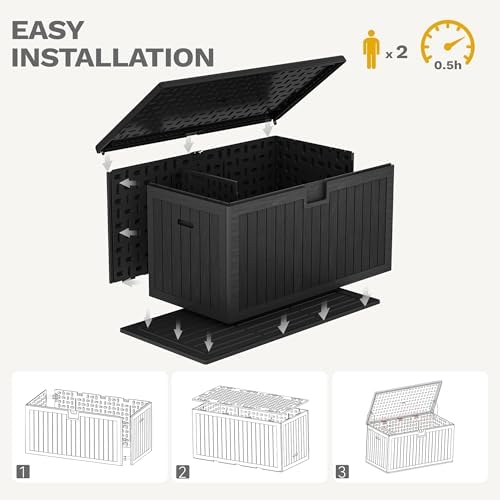 DWVO 260 Gallon Resin Outdoor Storage Box, XXL Double-Wall Waterproof Deck Box with Divider, Doubles as Table or Seating with 1000 lbs Capacity, Lockable (Black)