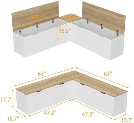 L Shaped Breakfast Nook Bench with Hidden Storage, 63 Inch Corner Dining Bench for Small Kitchen, Breakfast Nook for Dining Room, Entryway, Oak 63”L x 63”W x 17.7”H