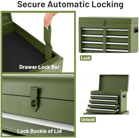 DREAMADE 5-Drawer Tool Chest Combo, Rolling Tool Cabinet w/Detachable Top Tool Box, Adjustable Shelves, Lockable Wheels, Metal Tool Box for Garage, Workshop, Repair Shop Storage (Olive Green)