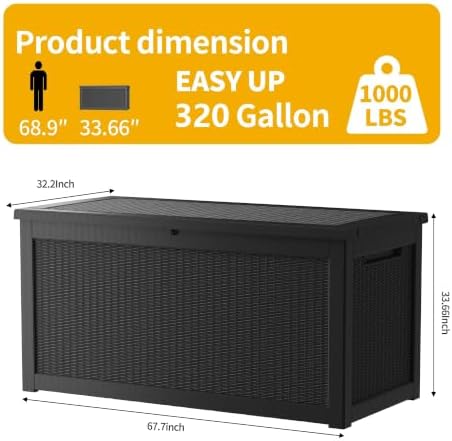 Outdoor Storage Box, 320 Gallon Waterproof Deck Box, Dual Gas-Spring Ultimate Resin Organizer for King Cushions, Heavy-Duty Lockable Estate Storage Bench, Backyard BBQ, Black