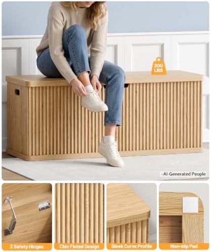 Akxomel 45.3" Fluted Storage Chest Wooden Storage Trunk 2 Safety Hinges Oak