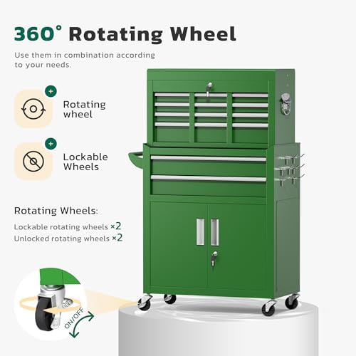 Greenvelly 8-Drawer Tool Chest with Wheels, Pre-Assembled Rolling Tool Chest, Detachable Top Tool Box, Lockable Design, Comes with Drawer Liners & Side Hooks for Garage Workshop Repair Room (Green)