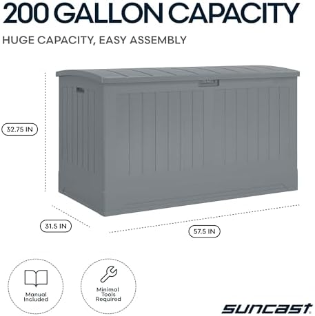 Suncast XL Deck Box, 200 Gal, All Weather, Pad-Lockable Lid, Dove Gray