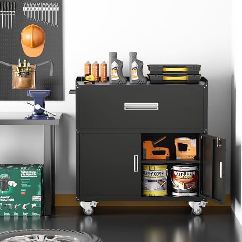 LCAOPC Metal Garage Storage Cabinet with Wheels, Lockable Rolling Tool Cabinet with Drawer, Tool Cabinet on Wheels, Metal Rolling Utility Cabinet for Home, Office, Garage and Workshop, Black