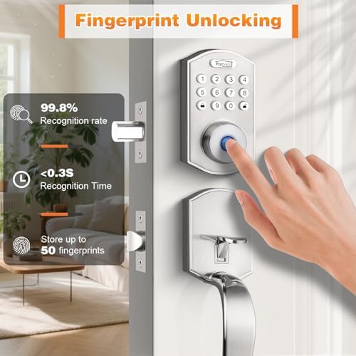 Probrico Smart Keyless Entry Door Lock Deadbolt,Front Door Handleset with Fingerprint Deadbolt, Electronic Digital Keypad Deadbolt Lock with Handle,App,Auto-Locking,Satin Nickel