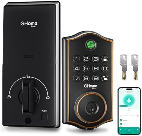 GHome Smart Fingerprint Door Lock for Front Door, 1.0s Unlock AI Self-Learning Keyless Entry Deadbolt with App Control, Keypad, Auto Lock, Digital Code Smart Lock for Home, Airbnb, Apartment, Garage