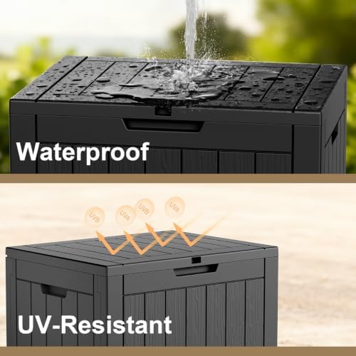 Vixzen Outdoor Storage Deck Box Waterproof Resin Lockable Outside Bench Porch Patio Furniture Pool Float Garden Tool Cushion UV Resistant Bin（40 Gallon, Black）