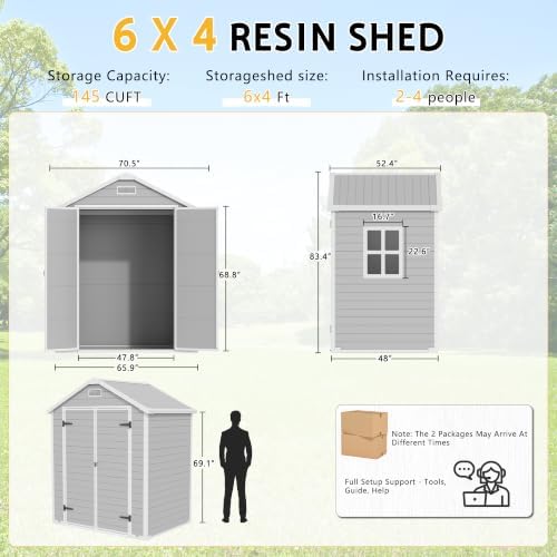 PIPLEO 6x4 FT Resin Outdoor Storage Shed with Floor, Plastic Garden Storage Shed with Lockable Door & Vent, All Weather Versatile Tool Shed for Backyard, Patio, Lawn, Cloud Gray