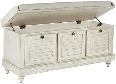 OSP Home Furnishings Dover Coastal Lift-Top Storage Bench with Shutter Face Styling, White Wash Finish with Off-White Fabric Cushion