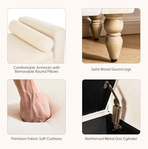 Storage Ottoman Bench, Upholstered End of Bed Bench Linen 45.7" Beige