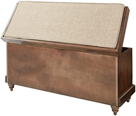 OSP Home Furnishings Dover Coastal Lift-Top Storage Bench with Shutter Face Styling, Distressed Brown Finish with Beige Linen Fabric Cushion