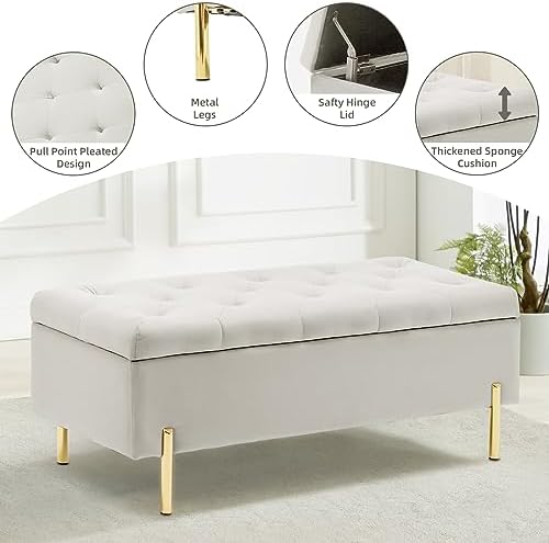 45.6 Inch Velvet Storage Bench Upholstered Tufted Settee Ottoman Bench with Storage, Bed End Bench with Soft Close Lid, for Bedroom, Living Room, Entryway, Rectangular Accent Bench, Beige
