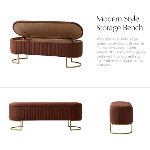 EcoHarbor Living 50.5" Storage Bench Velvet Bedroom Ottoman,Upholstered End of Bed Bench with Gold Legs,Flipping Lid Entryway Footrest, Burn Brick