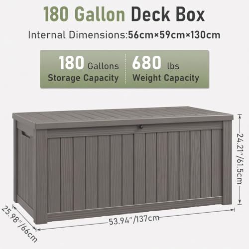 151 Gal Deck Box, Outdoor Storage Box Waterproof Lockable, Gas Lift,Grey