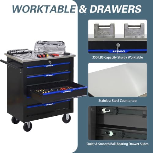 5-Drawer Rolling Tool Chest with Stainless Steel Countertop,Tool Chest with Secure Locking System,Mobile Storage Tool Cabinet with 360°Wheels and Padded Feet,for Home,Garage (Black+Blue)