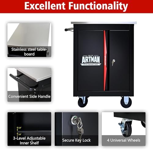 Double-Door Heavy-Duty Rolling Steel Tool Cart with Handle&Wheels, Metal Storage Organizer Cabinet, Tool Chest for Efficient Tool Storage in Garage, Warehouse, Workshop, Repair Shop, Black&RED