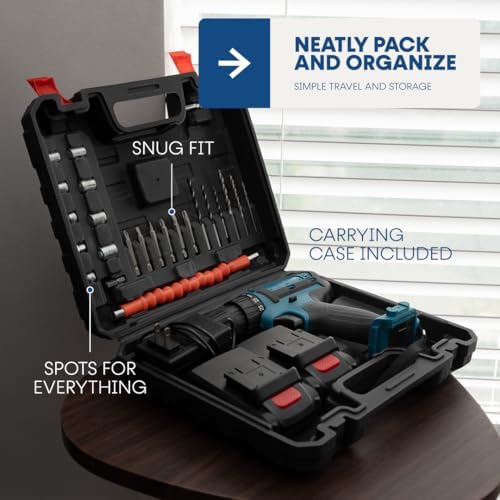 Evermore 21V Cordless Drill Set - 24-Piece All-In-One Power Tool Kit with 2 Batteries, Charger, and Carrying Case - High-Torque Electric Drill for Home Improvement & Renovation