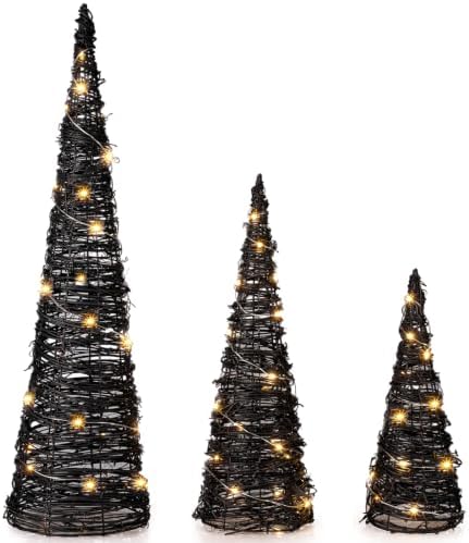 Jenaai 3 Lighted Halloween Rattan Trees 24" 16" 12", Cone Trees Decor