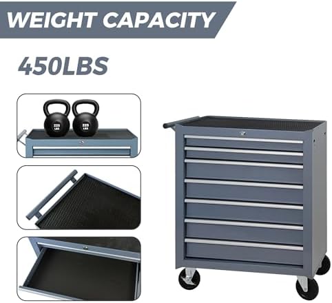7-Drawer Rolling Tool Cart on Wheels, Drawers Rolling Tool Chest with Lock, Mobile Trolley Organizer Tools Box with Locking Wheels & Ball Bearing Drawers for Garage,Warehouse,Repair Shop (Grey)