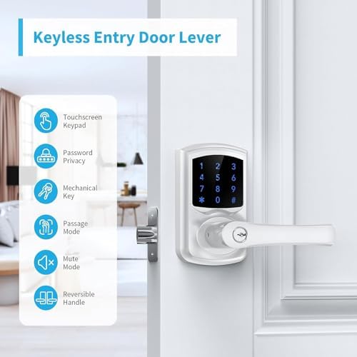 Signstek Keyless Entry,Digital Smartcode Door Lock for Front Door,Keypad Door Lock with Handle and Security Key,Touchscreen,Easy Installation,Silver