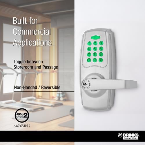 BRINKS ANSI Grade 2 Keypad Door Lock with Handle for Commercial & Residential Use, Keyless Entry Door Lock, 99 User Codes, Auto-Relock, Battery with Backup Keyway (Satin Nickel)