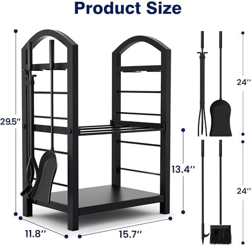AMAGABELI GARDEN & HOME 30in Firewood Rack Indoor with Tools 5-Piece Fireplace Tools Set Wood Holder Outdoor Wrought Iron Log Holder Firewood Storage Rack for Fireplace,Fire Pit,Wood Stove Black