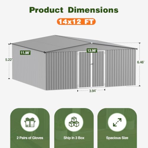 14 x 12 FT Outdoor Storage Shed, Heavy-Duty Galvanized Steel Tool Shed with Reinforced Frame, 2Magnetic Light, Lockable Double Door & Side Vents for Backyard Large Equipment, Gray