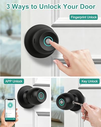 Fingerprint Door Knob Lock for Bedroom with App and Backup Keys