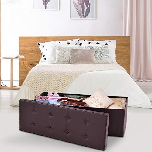 43" Folding Storage Ottoman Bench, Faux Leather Storage Chest, Brown