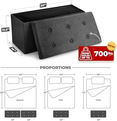 Sorbus Collapsible Storage Ottoman Bench (Black, Medium (15” x 30” x 15”))