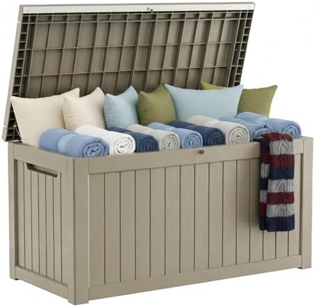 MAKINO 275 Gallon Resin Outdoor Storage Box, Waterproof Deck Box with Lockable Lid, Outside Storage Box for Patio Furniture, Pool Accessories, Garden Tools, Storage Bench for Backyard, Gray Brown